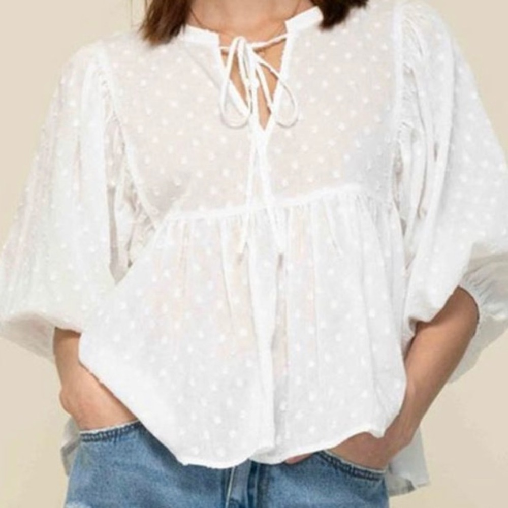 White Polkadot Tie-Front Blouse
